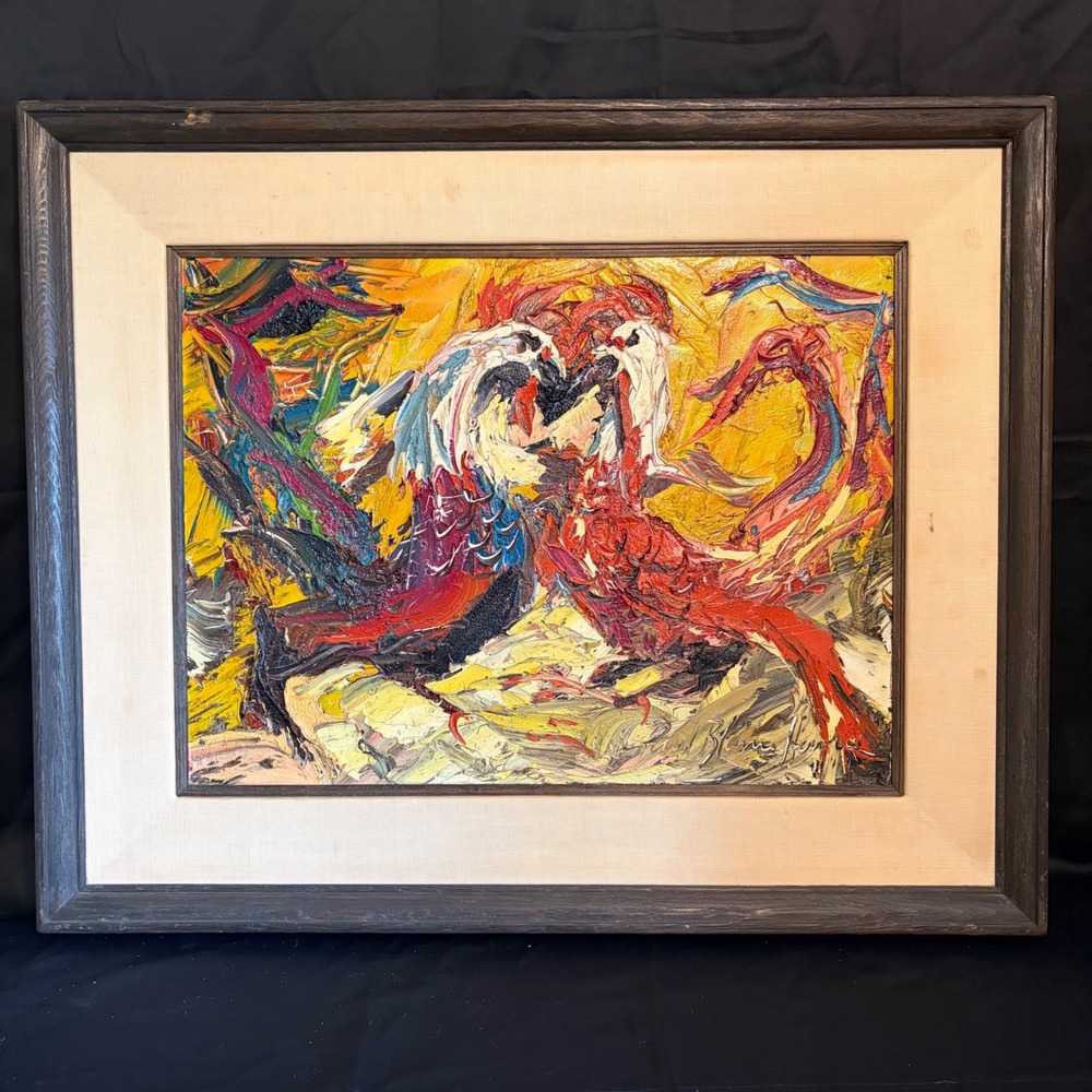 Paul Blaine Henrie Foul Play Original Oil Painting Roosters 1965 Mid Century Art